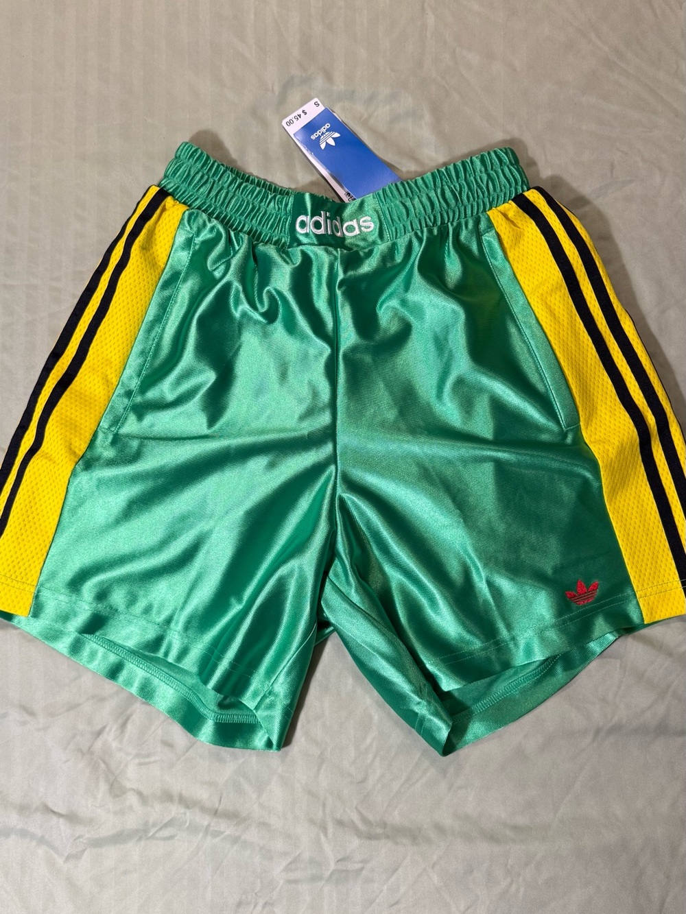 adidas Men’s Green Athletic Shorts with Yellow Panels and Black Stripes
